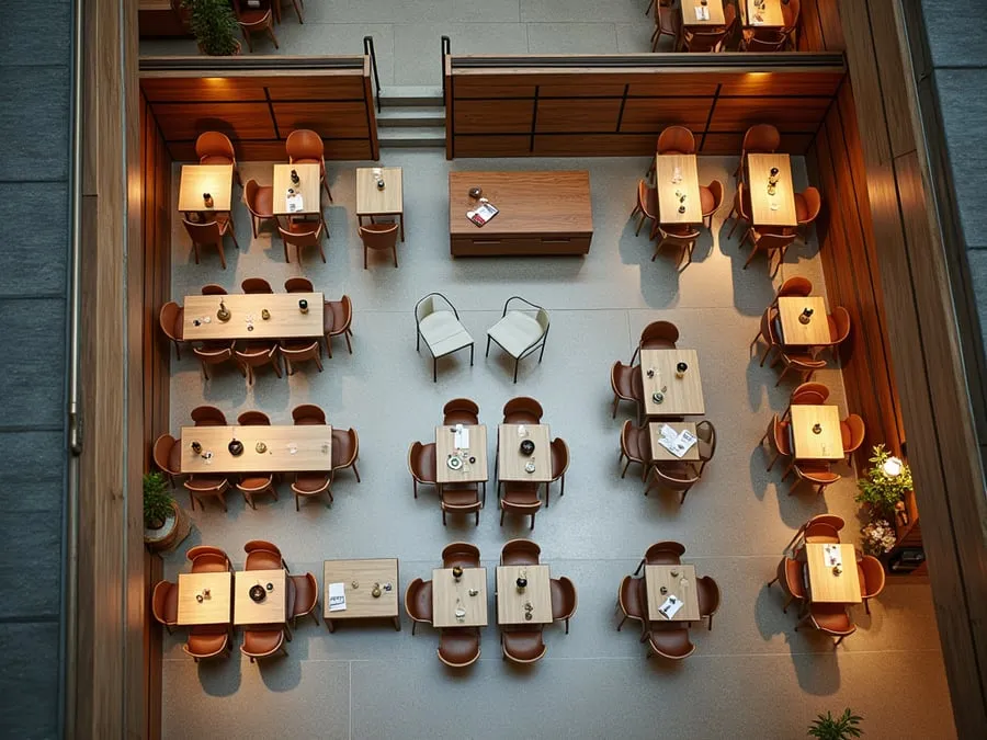 Overhead or elevated view of dining area showing table placement, traffic flow,.