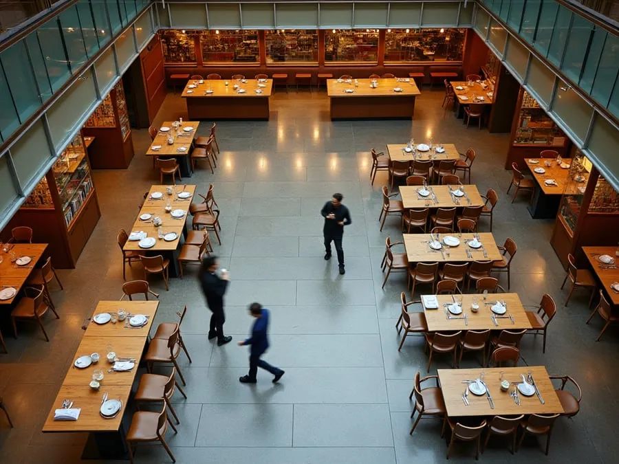 Overhead or elevated view of dining area showing table placement, traffic flow,.