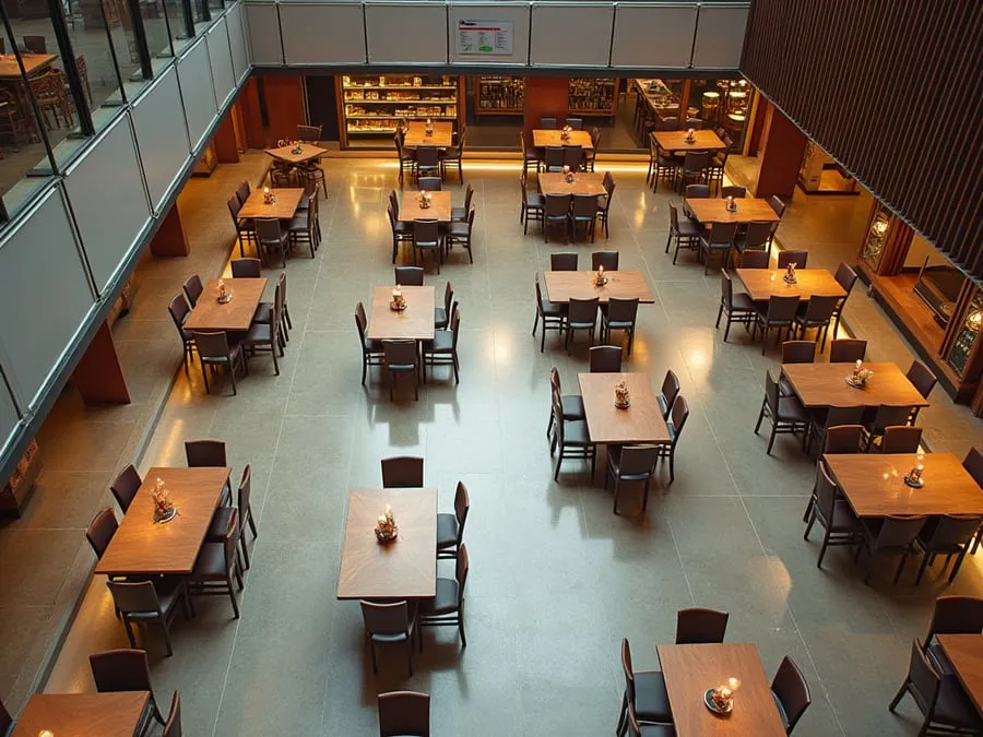 Overhead or elevated view of dining area showing table placement, traffic flow,.