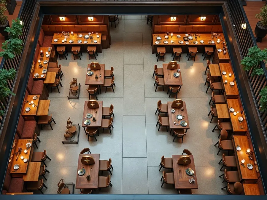 Overhead or elevated view of dining area showing table placement, traffic flow,.