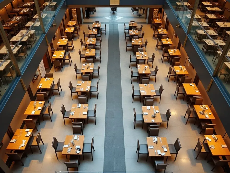 Overhead or elevated view of dining area showing table placement, traffic flow,.