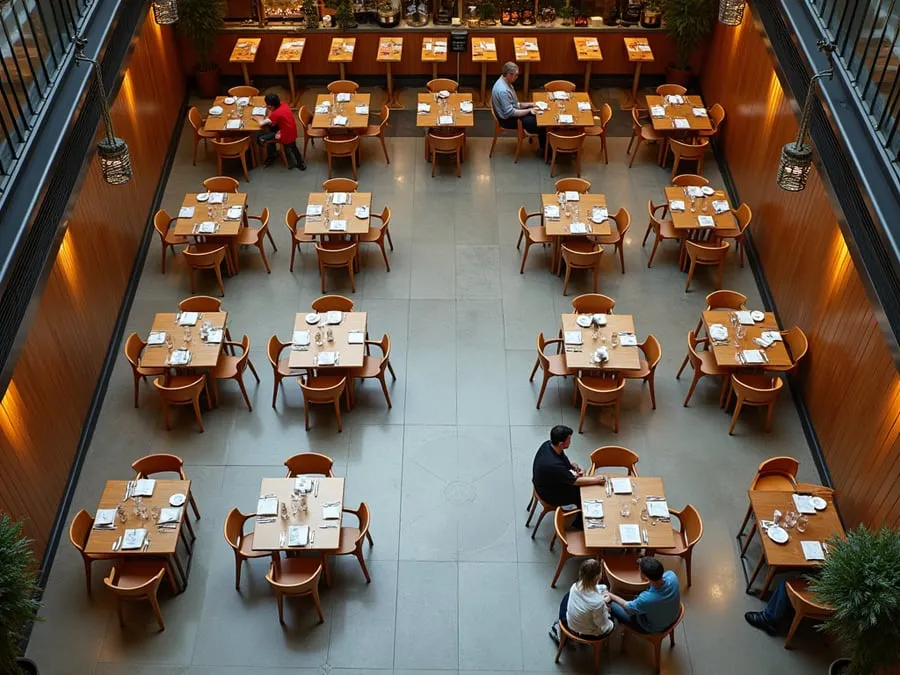 Overhead or elevated view of dining area showing table placement, traffic flow,.