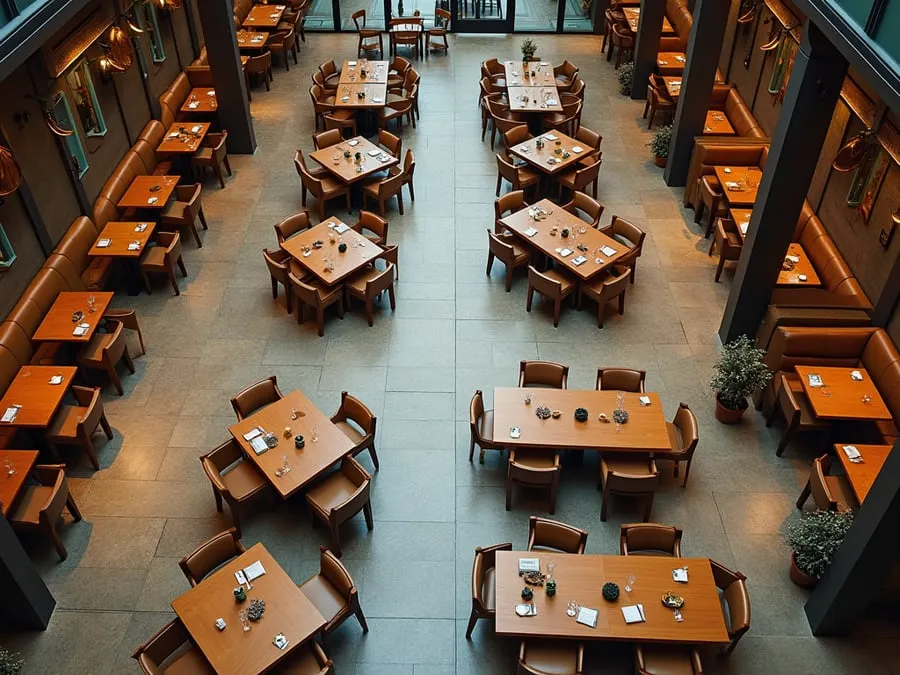 Overhead or elevated view of dining area showing table placement, traffic flow,.
