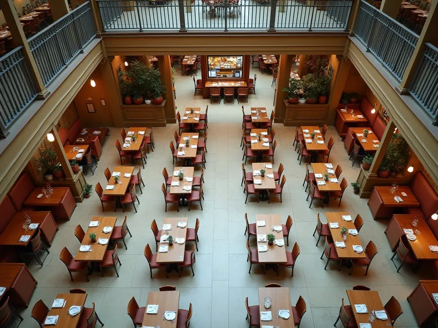 Overhead or elevated view of dining area showing table placement, traffic flow,.