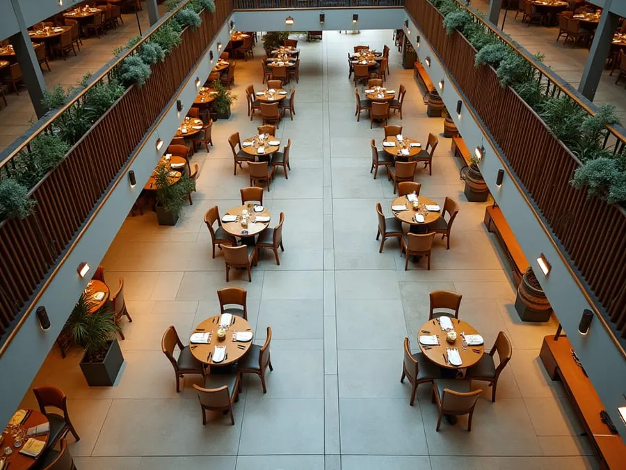Overhead or elevated view of dining area showing table placement, traffic flow,.