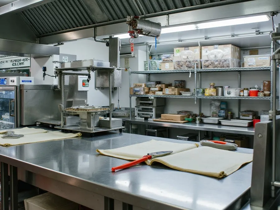Detail of organized kitchen workspace showing equipment, storage, and workflow e.