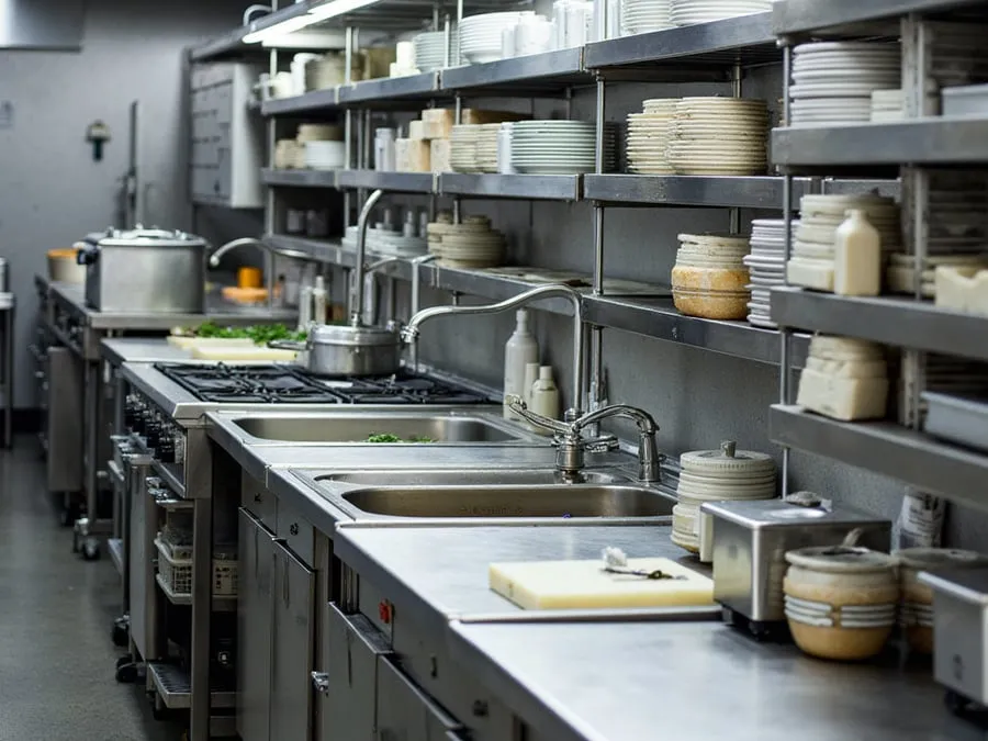Detail of organized kitchen workspace showing equipment, storage, and workflow e.
