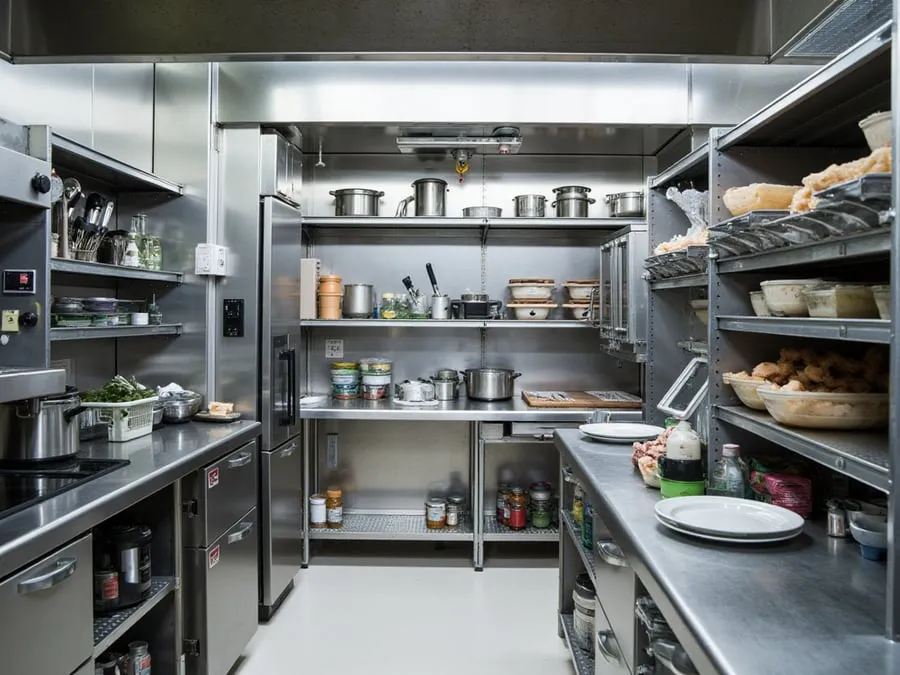 Detail of organized kitchen workspace showing equipment, storage, and workflow e.