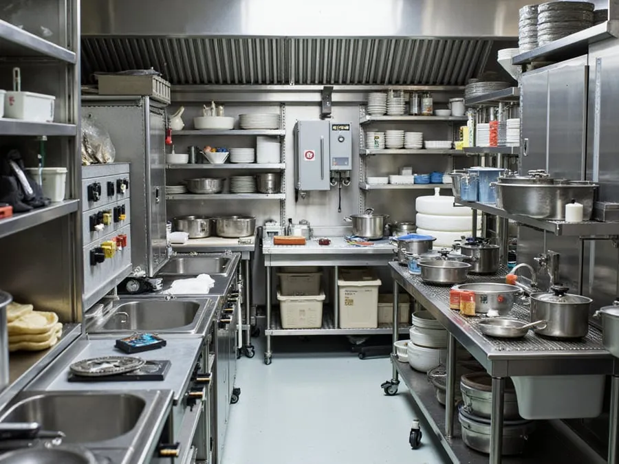 Detail of organized kitchen workspace showing equipment, storage, and workflow e.