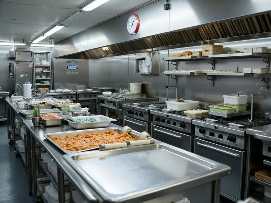 Detail of organized kitchen workspace showing equipment, storage, and workflow e.