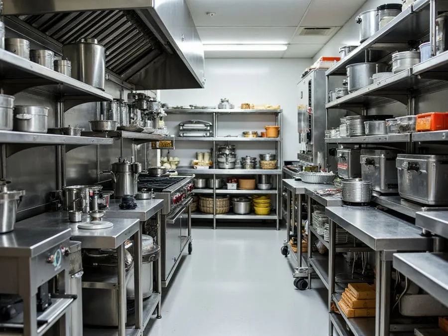Detail of organized kitchen workspace showing equipment, storage, and workflow e.