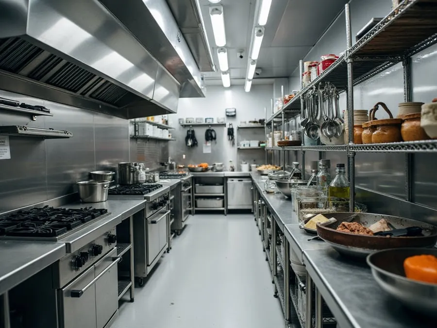 Detail of organized kitchen workspace showing equipment, storage, and workflow e.