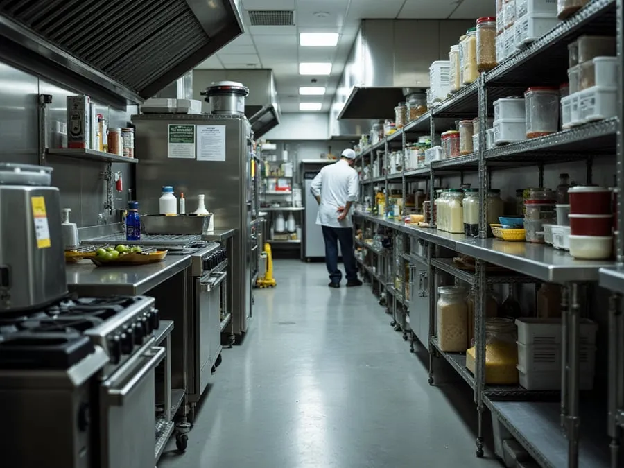 Detail of organized kitchen workspace showing equipment, storage, and workflow e.