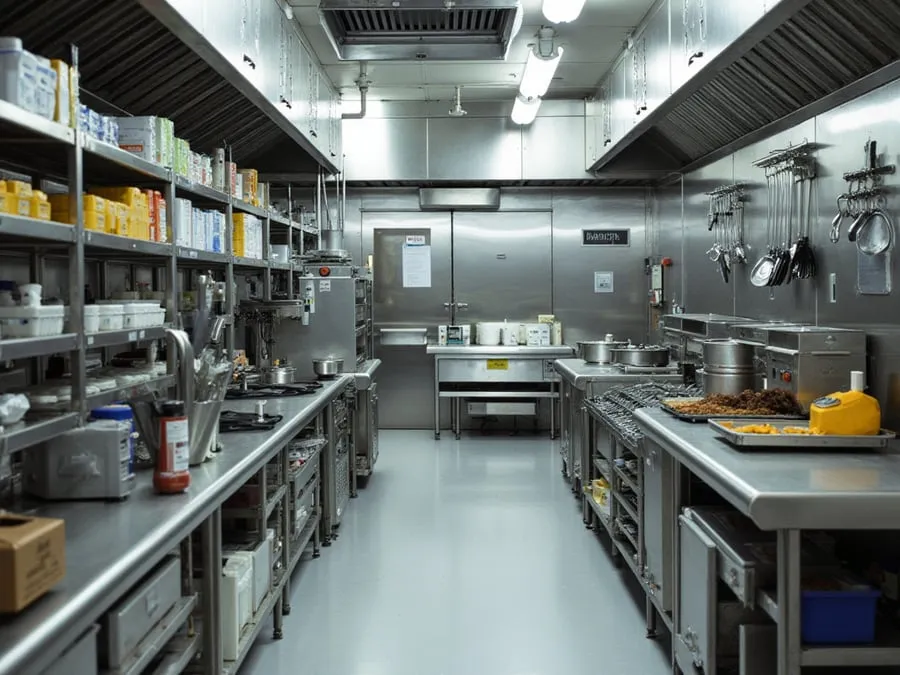 Detail of organized kitchen workspace showing equipment, storage, and workflow e.