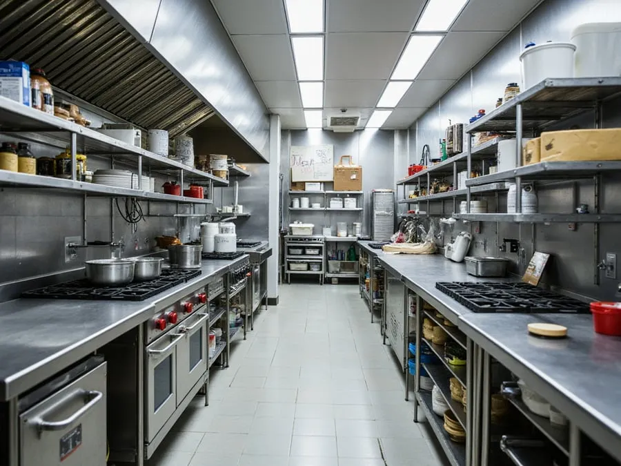 Detail of organized kitchen workspace showing equipment, storage, and workflow e.