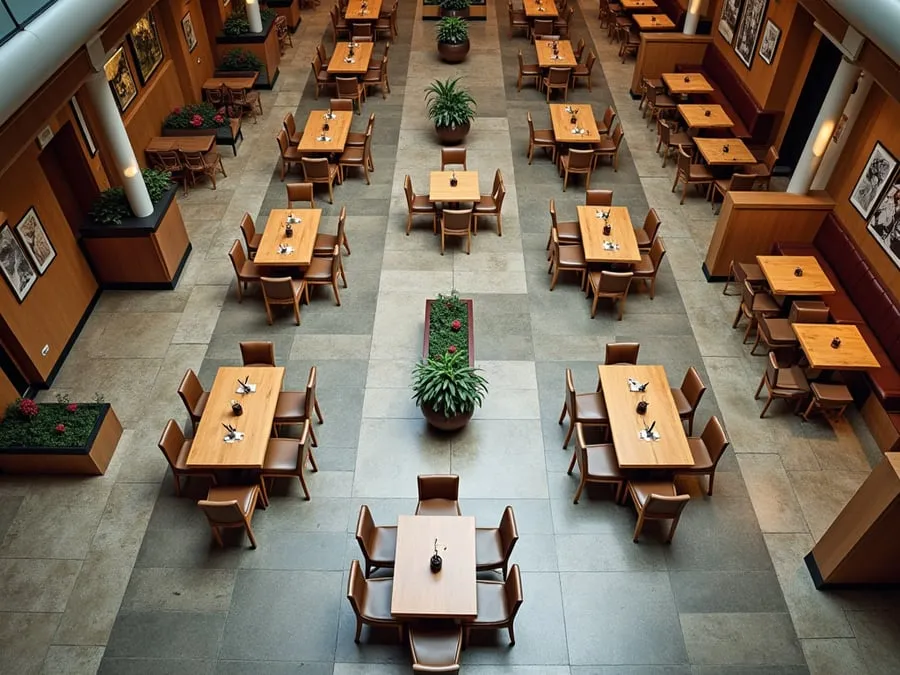 Overhead or elevated view of dining area showing table placement, traffic flow,.