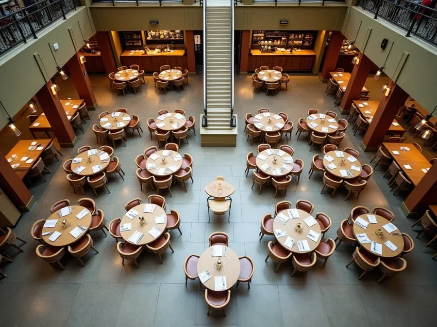 Overhead or elevated view of dining area showing table placement, traffic flow,.