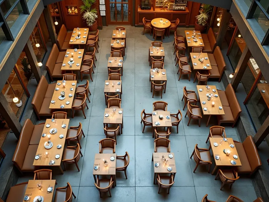 Overhead or elevated view of dining area showing table placement, traffic flow,.