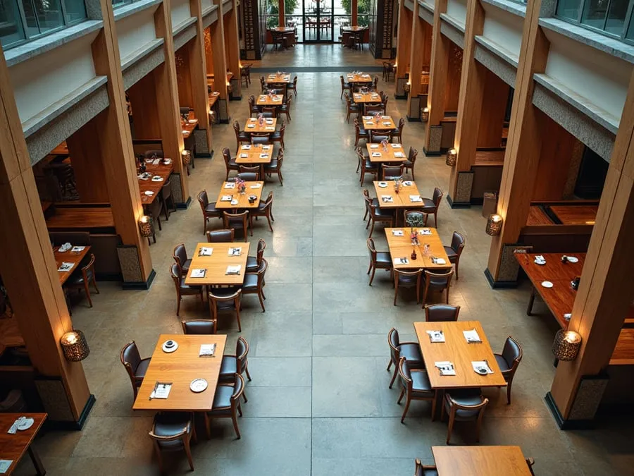 Overhead or elevated view of dining area showing table placement, traffic flow,.