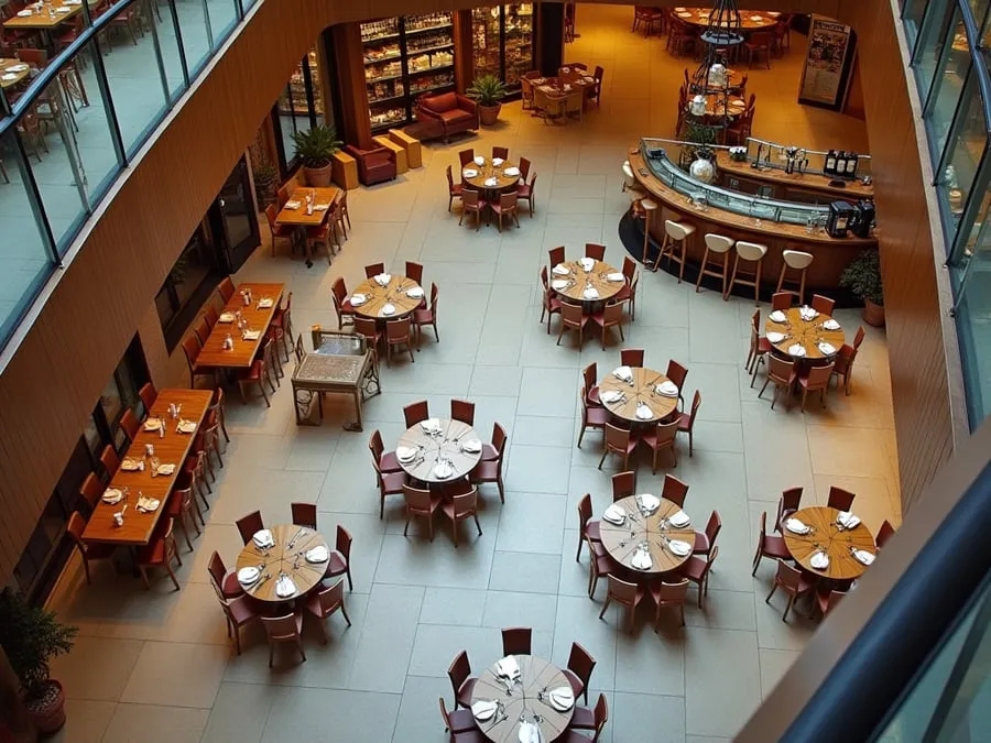 Overhead or elevated view of dining area showing table placement, traffic flow,.