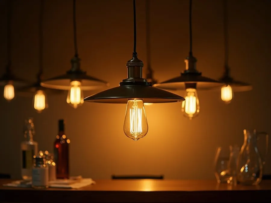 Detail shot of sophisticated lighting fixture installed in restaurant.