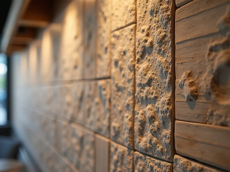 Close-up detail of restaurant material - tile, wood, stone, or textured finish -.