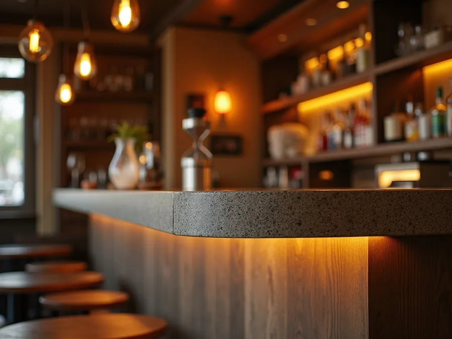 Detail of restaurant interior design element showing material quality and though.