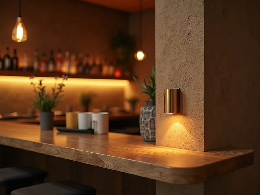 Detail of restaurant interior design element showing material quality and though.