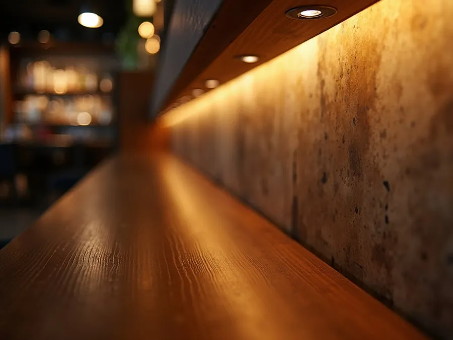 Detail of restaurant interior design element showing material quality and though.