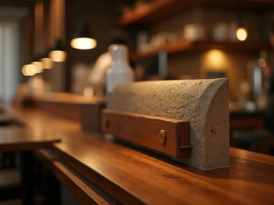 Detail of restaurant interior design element showing material quality and though.