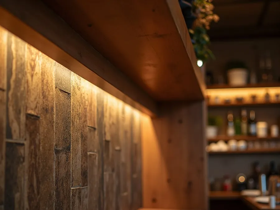 Detail of restaurant interior design element showing material quality and though.