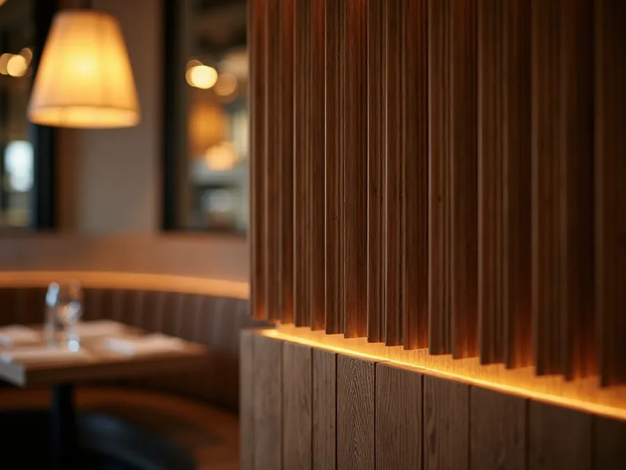 Detail of restaurant interior design element showing material quality and though.