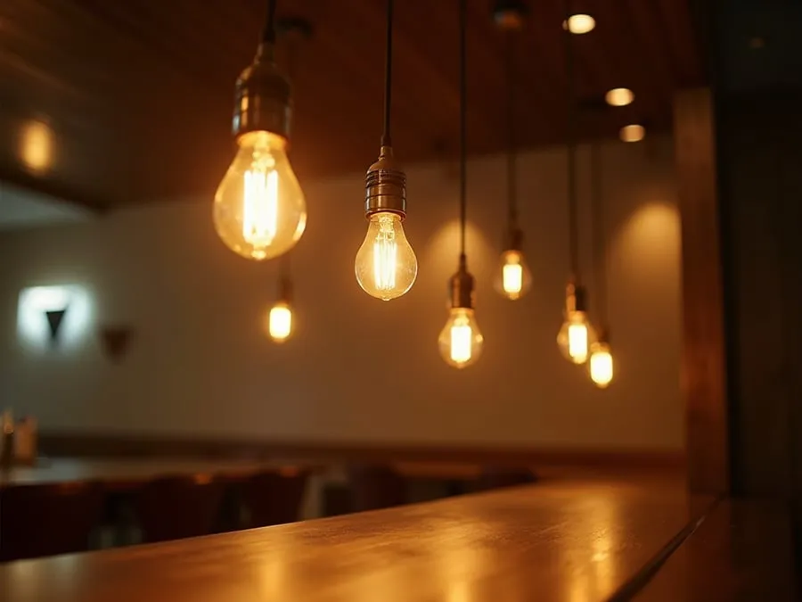 Detail shot of sophisticated lighting fixture installed in restaurant.