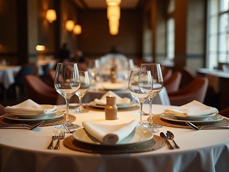 Restaurant table setting showing arrangement and spacing.