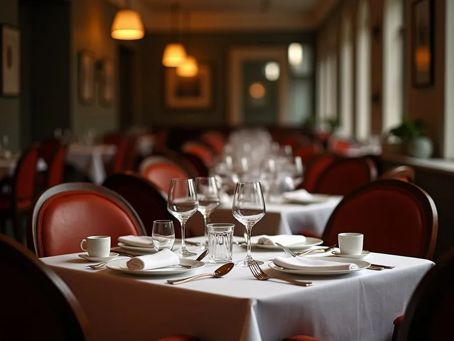 Restaurant table setting showing arrangement and spacing.