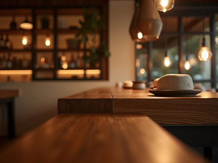 Detail of restaurant interior design element showing material quality and though.