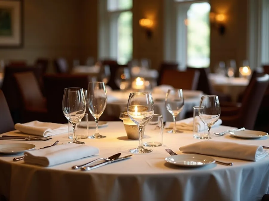 Restaurant table setting showing arrangement and spacing.