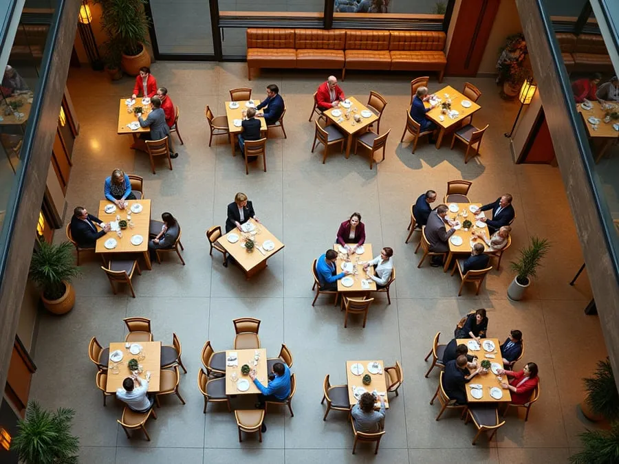 Overhead or elevated view of dining area showing table placement, traffic flow,.