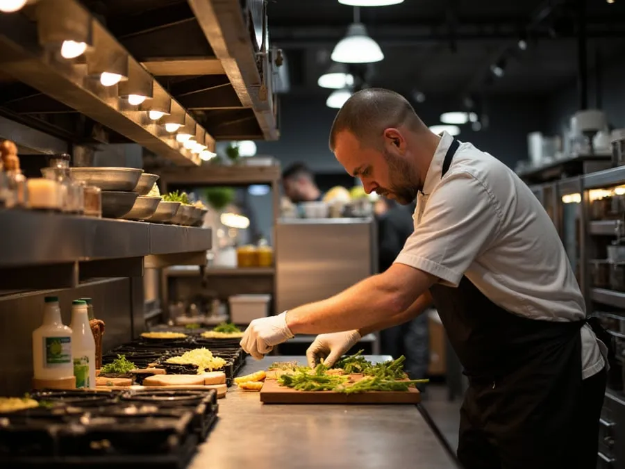 Gloved cook prepping herbs on a dedicated cutting board