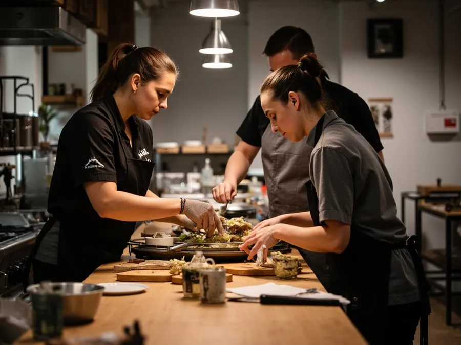 Kitchen team in gloves preparing food at a shared prep table