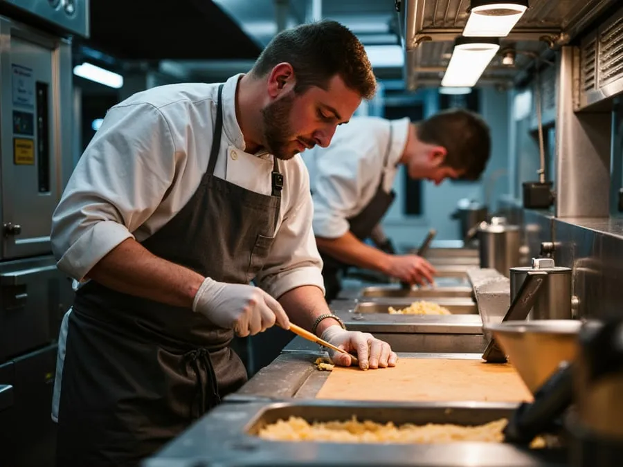 Cook in gloves cutting on a board at a stainless prep line