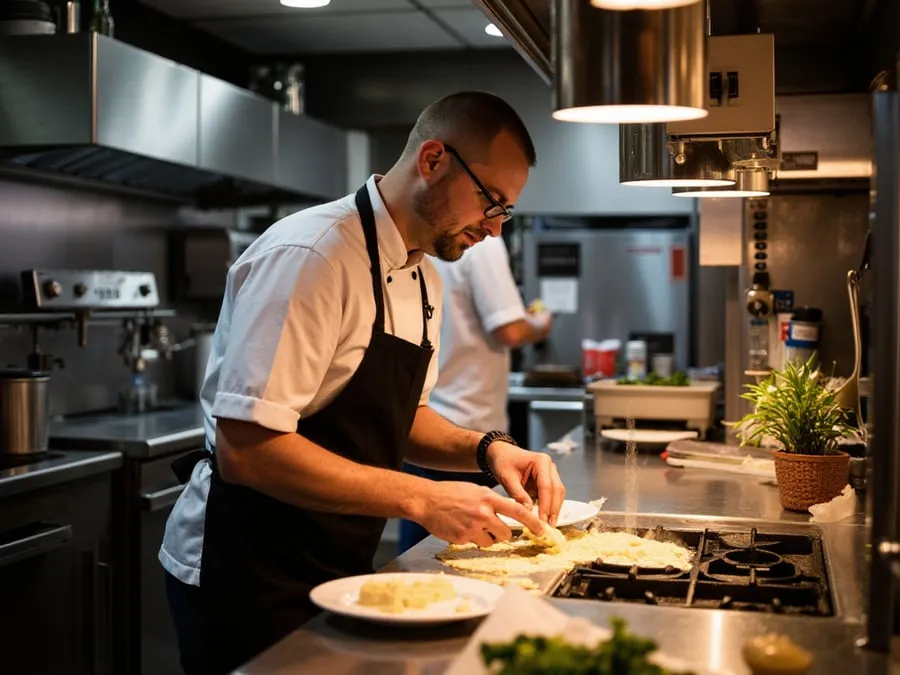 Chef plating a dish at the stove during service