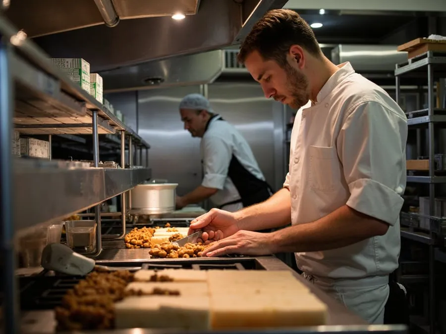 Cook prepping ingredients at a stainless steel station