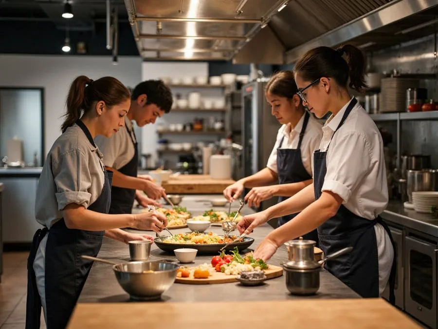 Line cooks plating dishes at a shared prep counter