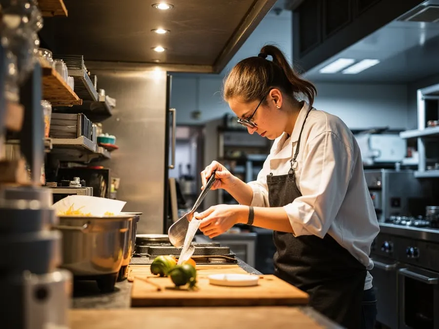 Cook trimming produce at a prep station