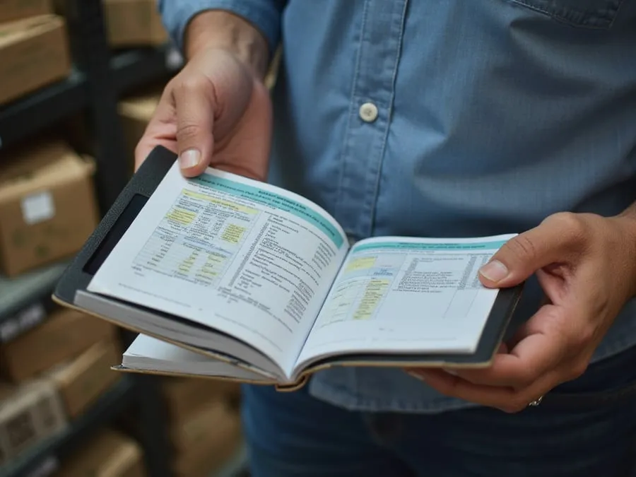 Restaurant manager reviewing a binder of receiving and traceability records