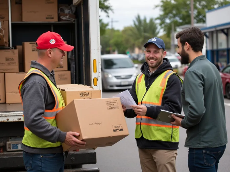 Delivery driver handing over a case and paperwork to restaurant receiving staff